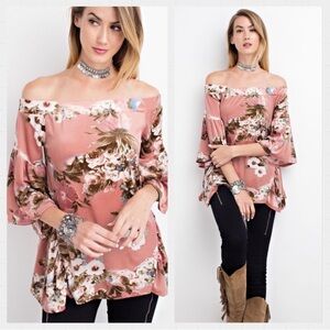Off-Shoulder Floral Blouse in Dusty Rose